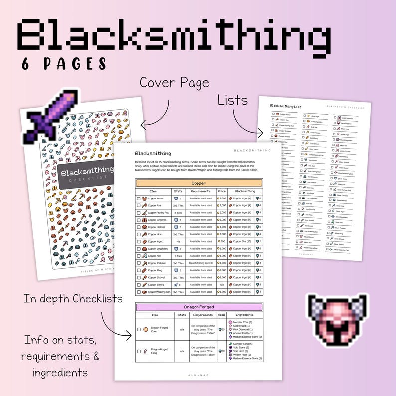 Peut inclure: Un ensemble de pages de liste de contr&ocirc;le de forgeage avec des listes d'articles d&eacute;taill&eacute;es, des statistiques, des exigences et des ingr&eacute;dients. La page de couverture pr&eacute;sente un graphique d'&eacute;p&eacute;e pix&eacute;lis&eacute;e. Le document comprend des listes et des listes de contr&ocirc;le approfondies.