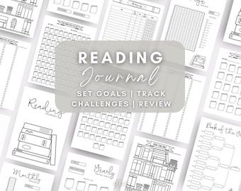 Puede incluir: Un diario de lectura imprimible con páginas para establecer objetivos, hacer un seguimiento de los desafíos y revisar los libros. Las páginas presentan una variedad de diseños, que incluyen estantes de libros, un calendario y un rastreador de desafíos de lectura.
