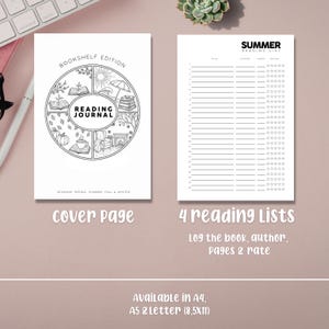 May include: A white reading journal and reading list set. The cover page features a circular design with seasonal illustrations. The reading list page is titled "Summer Reading List" and includes space to log books, authors, pages, and ratings.