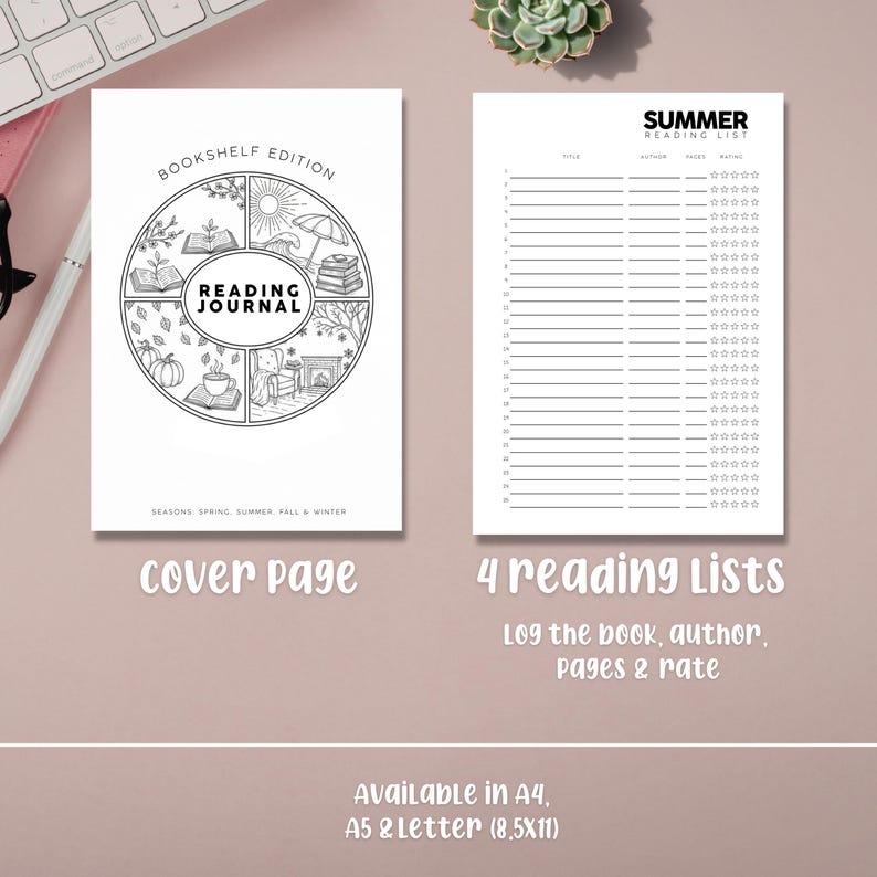 May include: A white reading journal and reading list set. The cover page features a circular design with seasonal illustrations. The reading list page is titled "Summer Reading List" and includes space to log books, authors, pages, and ratings.