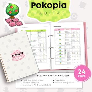 Op de afbeelding: Een Pokopia Habitat planner met een witte kaft met een roze logo, spiraalbinding en een open binnenkant met een Habitat Pokedex checklist met tabellen voor vereisten en Pokemon. Bevat 24 pagina's voor het bijhouden van habitats en Pokemon, beschikbaar in A4-formaat.