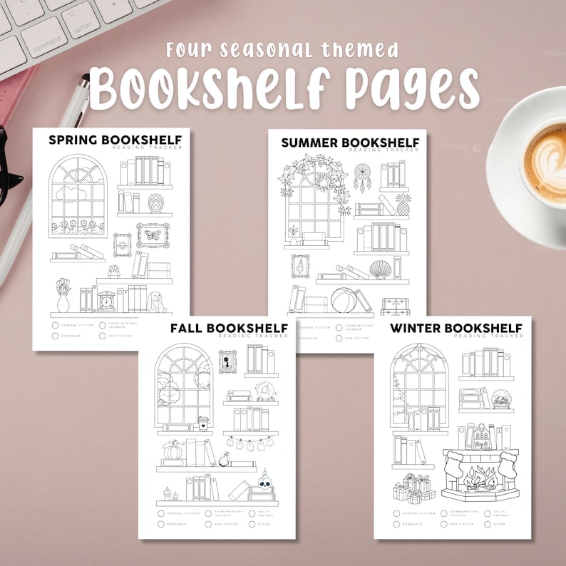 May include: Four black and white printable bookshelf pages, each themed for a season: Spring, Summer, Fall, and Winter. The pages feature illustrations of bookshelves with seasonal decorations and the text "Bookshelf Pages".