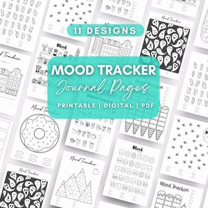 Könnte beinhalten: Eine Sammlung von druckbaren Mood-Tracker-Journalseiten mit verschiedenen Designs, darunter Bienen, Gebäude und Essensillustrationen. Der Text "11 DESIGNS" und "MOOD TRACKER Journal Pages" ist auf dem Bild zu sehen. Die Seiten sind in Schwarzweiß.