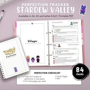 以下が含まれることがあります： ピンク色のバインダーには、スターデューバレーのパーフェクション・トラッカーがあり、キャラクターのイラストとチェックリストのページが特徴です。「Villager Friendships」と「Perfection Checklist」と書かれた表紙。84ページで、A4、A5、レターサイズで利用できます。