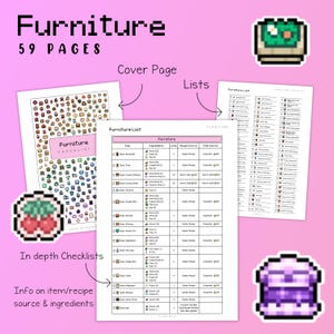 Peut inclure: Guide num&eacute;rique "Furniture" de 59 pages sur fond rose. Il comprend une page de couverture, des listes de contr&ocirc;le et des listes d&eacute;taillant les meubles, les ingr&eacute;dients et les sources. Ic&ocirc;nes et annotations en pixel art.