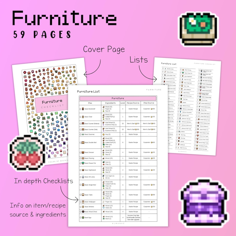 Peut inclure: Guide num&eacute;rique "Furniture" de 59 pages sur fond rose. Il comprend une page de couverture, des listes de contr&ocirc;le et des listes d&eacute;taillant les meubles, les ingr&eacute;dients et les sources. Ic&ocirc;nes et annotations en pixel art.