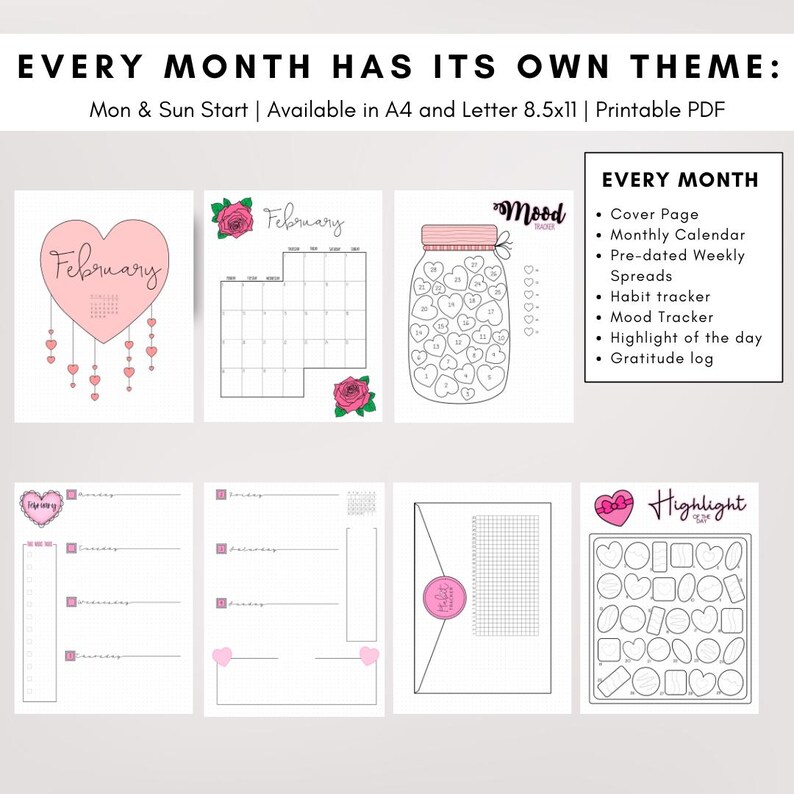 2026 Bullet Planner Journal Monthly Themed Color Version | Dot Grid | Printable | Monday Sunday Start | Download Template Digital Printable image 10