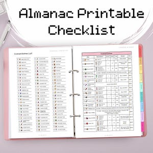 Peut inclure: Un classeur rose avec une couverture imprim&eacute;e "Almanac Printable Checklist". Les pages ouvertes pr&eacute;sentent une liste de contr&ocirc;le de cuisine avec divers plats, ingr&eacute;dients et temps requis. La liste est organis&eacute;e avec des cases &agrave; cocher et des colonnes.