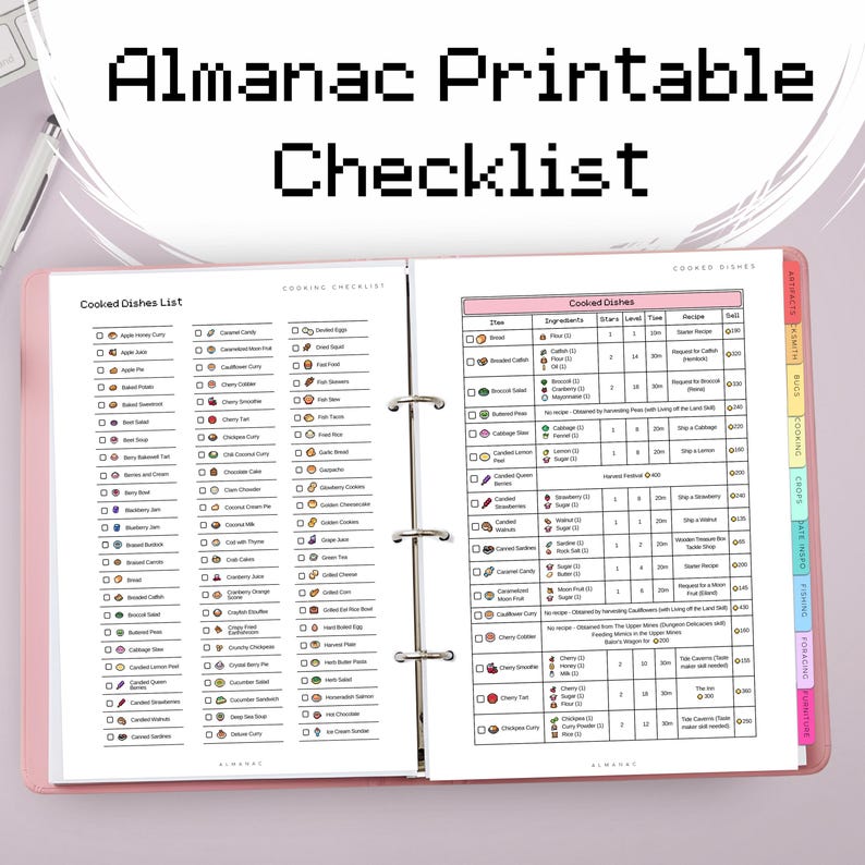 Peut inclure: Un classeur rose avec une couverture imprim&eacute;e "Almanac Printable Checklist". Les pages ouvertes pr&eacute;sentent une liste de contr&ocirc;le de cuisine avec divers plats, ingr&eacute;dients et temps requis. La liste est organis&eacute;e avec des cases &agrave; cocher et des colonnes.
