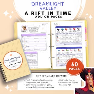 Puede incluir: Un conjunto de planificador y páginas adicionales Dreamlight Valley A Rift in Time con una cubierta de espiral con patrón beige y una carpeta de tres anillas abierta que muestra niveles de amistad, un rastreador de criaturas y tablas.