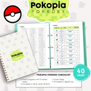 May include: A white spiral-bound planner and a binder with a checklist. The planner has the text "Pokopia Planner Pokedex". The binder has the text "Pokopia Pokedex Checklist". The image also includes a red and white graphic and the text "40 pages".