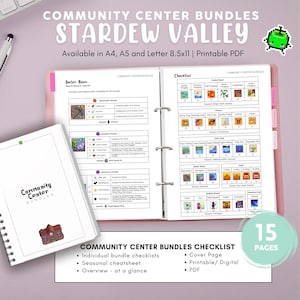 May include: A pink binder with a Stardew Valley Community Center Bundles checklist. The checklist includes individual bundle checklists, a seasonal cheat sheet, and an overview. The cover page and checklist are available in A4, A5, and Letter 8.5x11 sizes as a printable PDF.