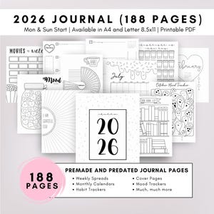 2026 Bullet Planner Journal Monthly Themed | Dot Grid | Printable | Monday Sunday Start | Download Template Digital Printable