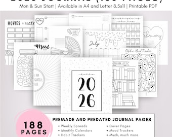 2026 Bullet Planner Journal Monthly Themed | Dot Grid | Printable | Monday Sunday Start | Download Template Digital Printable
