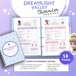Op de afbeelding: Een Dreamlight Valley karakter-tracker map met 58 pagina's, voorzien van een spiraalgebonden kaft met een rond logo, en open pagina's met karakterprofielen voor Aladdin en Minnie Mouse, inclusief vriendschapsniveaus en missies.