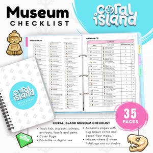Pode incluir: Um fichário de lista de verificação do museu Coral Island com capa espiral e logotipo azul claro. O fichário aberto exibe listas detalhadas de artefatos em colunas, incluindo nomes, fontes e preços. Inclui um emblema rosa de 35 páginas.