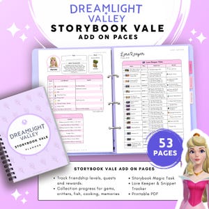 May include: A Dreamlight Valley Storybook Vale planner with a spiral-bound cover and an open three-ring binder containing 53 pages of printed tracking charts, quest logs, and character information, featuring a digital illustration of Aurora.