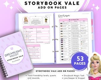 Peut inclure: Un planificateur Dreamlight Valley Storybook Vale avec une couverture à spirale et un classeur à trois anneaux ouvert contenant 53 pages de tableaux de suivi, de journaux de quêtes et d'informations sur les personnages, avec Aurora.