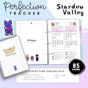 May include: A spiral-bound notebook with the text "Stardew Valley Perfection Tracker" on the cover. Inside, a planner with character profiles and checklists is visible. The notebook includes a sticker of a pixelated bear. The words "Perfection Tracker" and "Stardew Valley" are also displayed.