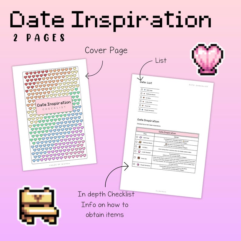 Peut inclure: Document de deux pages intitul&eacute; "Date Inspiration" sur fond rose. La page de couverture pr&eacute;sente un motif de c&oelig;urs aux couleurs de l'arc-en-ciel. La deuxi&egrave;me page est une liste de contr&ocirc;le avec des id&eacute;es de rendez-vous. Le texte comprend "2 PAGES" et "Date Inspiration CHECKLIST".
