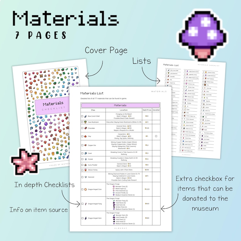 Peut inclure: Un t&eacute;l&eacute;chargement num&eacute;rique comprenant une liste de contr&ocirc;le des mat&eacute;riaux et une liste des mat&eacute;riaux. La page de couverture porte la mention "Materials Checklist" et est entour&eacute;e de graphiques pix&eacute;lis&eacute;s color&eacute;s. La liste des mat&eacute;riaux comprend les noms des articles, les emplacements et les prix de vente.