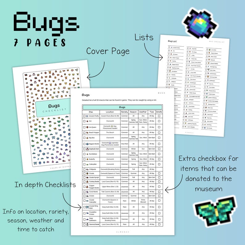 Peut inclure: Une liste de contr&ocirc;le "Bugs" de 7 pages, comprenant une page de couverture et des listes d&eacute;taill&eacute;es. Les listes fournissent des informations sur l'emplacement, la raret&eacute;, la saison, la m&eacute;t&eacute;o et l'heure de capture. Il y a une case &agrave; cocher suppl&eacute;mentaire pour les articles pouvant &ecirc;tre donn&eacute;s au mus&eacute;e.