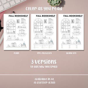 May include: Three black and white reading tracker printables with a bookshelf theme. Each printable features a bookshelf design with pumpkins, books, and a window. Text includes "Fall Bookshelf Reading Tracker" and "Color as you read."