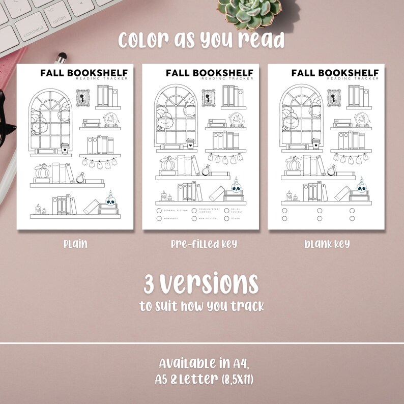 May include: Three black and white reading tracker printables with a bookshelf theme. Each printable features a bookshelf design with pumpkins, books, and a window. Text includes "Fall Bookshelf Reading Tracker" and "Color as you read."