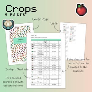 Peut inclure: Un aide-m&eacute;moire de 4 pages intitul&eacute; "Crops", avec une page de couverture et des listes. Le document comprend des informations d&eacute;taill&eacute;es sur les sources de semences, les saisons de croissance et des cases &agrave; cocher pour les dons au mus&eacute;e. La couverture a un motif color&eacute;.