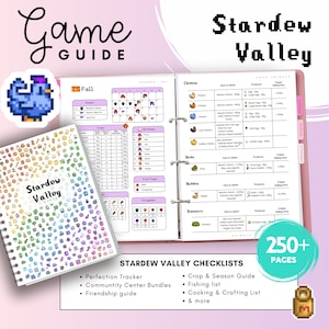 Puede incluir: Una guía de juego y lista de verificación de Stardew Valley. La portada de la guía presenta un patrón colorido de iconos del juego. La guía abierta muestra calendarios de temporada, información de cultivos y detalles de animales. La guía incluye más de 250 páginas.