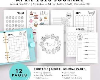 April 2026 Printable Journal Bullet Easter Themed Monthly Calendar Easter Egg Mood Tracker, Habit Bunny Cover Page Bucket List Dot Grid