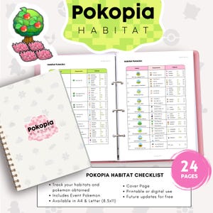 Op de afbeelding: Een Pokopia Habitat planner met spiraalbinding en een witte kaft met een roze sticker. De open planner toont een Habitat Pokedex checklist met tabellen, iconen en tekst. Een aparte sticker toont een boom met rode appels en roze bloemen.