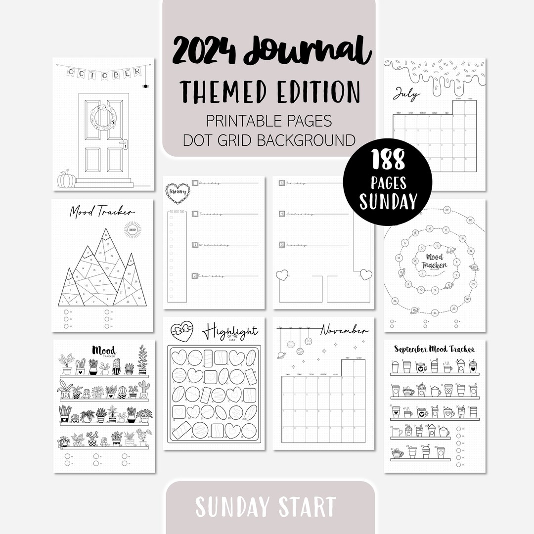 2024 Bullet Planner Journal Themed Dot Grid Printable Sunday Start ...