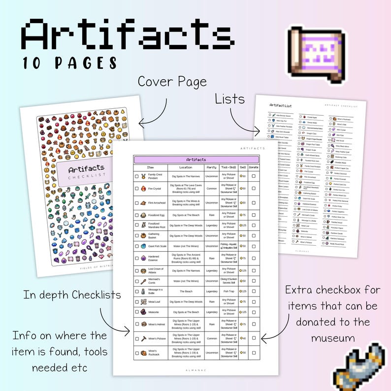 Peut inclure: Une impression num&eacute;rique intitul&eacute;e "Artifacts" avec 10 pages. La page de couverture et la liste de contr&ocirc;le pr&eacute;sentent un art pix&eacute;lis&eacute;. La liste de contr&ocirc;le comprend les emplacements des objets, les outils n&eacute;cessaires et une case &agrave; cocher pour les dons au mus&eacute;e.