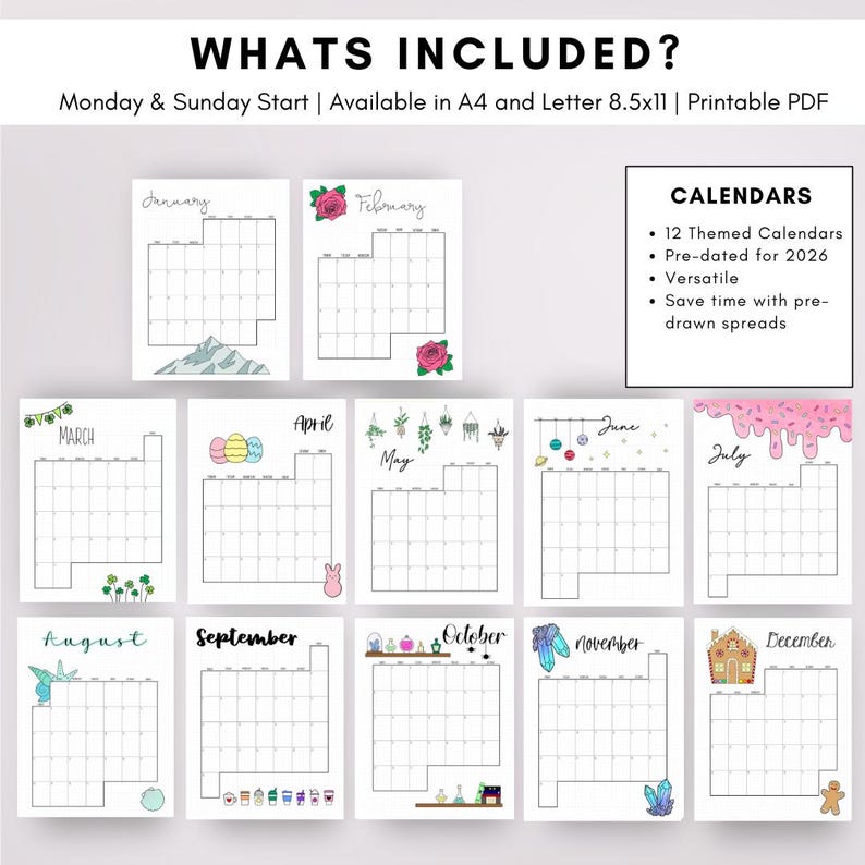 2026 Bullet Planner Journal Monthly Themed Color Version | Dot Grid | Printable | Monday Sunday Start | Download Template Digital Printable image 3