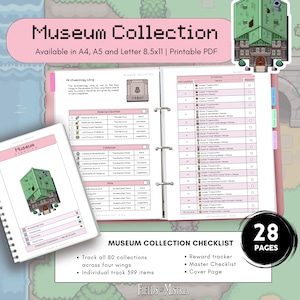 May include: A pink and white printable PDF Museum Collection checklist. The checklist includes a museum overview, archaeology wing, and a checklist of 80 collections across four wings. The checklist is available in A4, A5, and Letter 8.5x11 sizes.