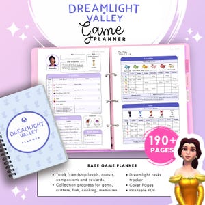 May include: A Dreamlight Valley game planner featuring a spiral-bound cover with a blue floral pattern and a white circular logo. The open binder displays pages for character friendship levels, quest tracking, and a critter tracker for crocodiles and foxes.