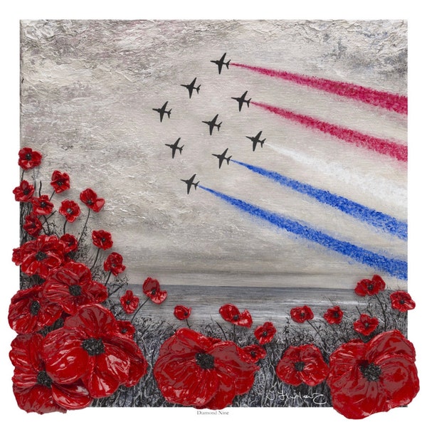 Diamond Nine by remembrance artist Jacqueline Hurley. Professional fine art poppy print of The Red Arrows Display Team 60th Anniversary