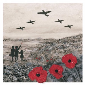 May include: A painting depicting three children silhouetted against a grey landscape, gazing upwards at five black aircraft flying in formation. The sky is a light grey, and the ground is covered in red poppies. The text "For The Few" is printed at the bottom of the painting.