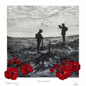 May include: A black and white painting of two soldiers in a field. One soldier is standing to attention, playing a bugle. The other soldier is standing at a grave, looking down. The sky is grey and there are birds flying overhead. There are red poppies in the foreground.