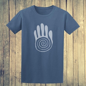 May include: A blue t-shirt with a white handprint design featuring a spiral in the center.