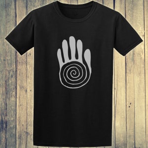 May include: Black t-shirt with a gray handprint design featuring a spiral inside. The handprint is centered on the shirt.
