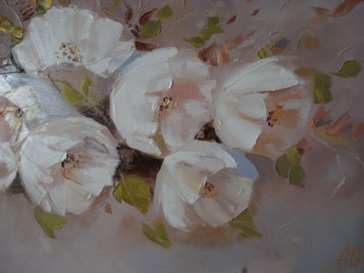 Romantic White Flowers. Oil Painting on Canvas on Stretcher, Spatula