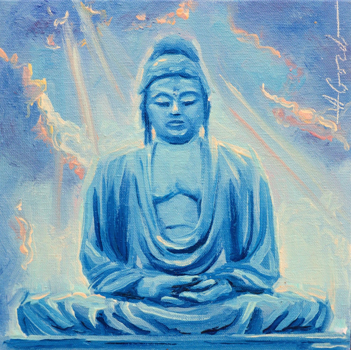 Blue Buddha Oil Painting on Canvas Small Buddha Portrait Etsy
