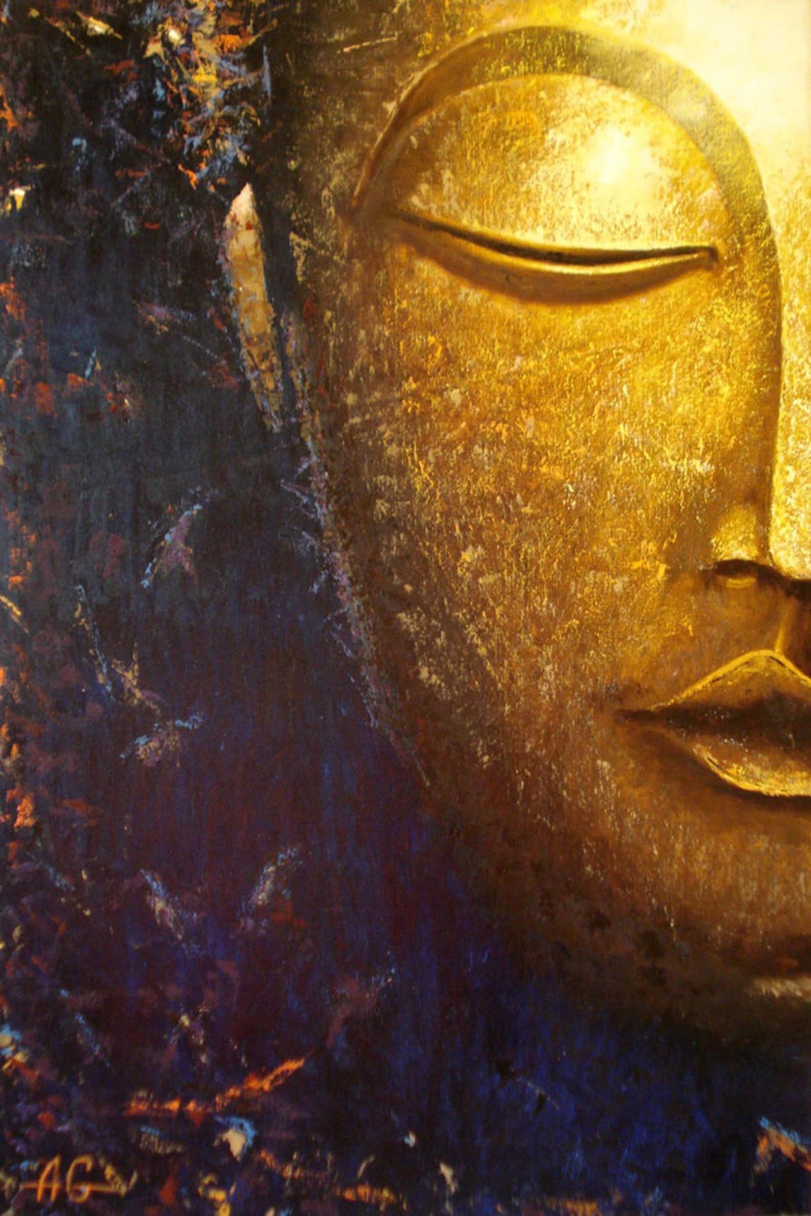 Peaceful Golden Buddha Face Oil Painting on Canvas Etsy
