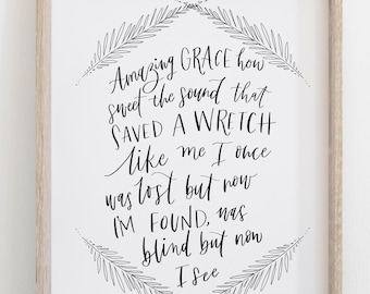 Hand Lettered Print Amazing Grace | Amazing Grace Hymn | Poster or Print  | Free Shipping