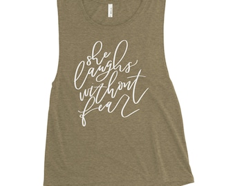 Ladies’ Muscle Tank She Laughs without fear | proverbs 31 woman | scripture