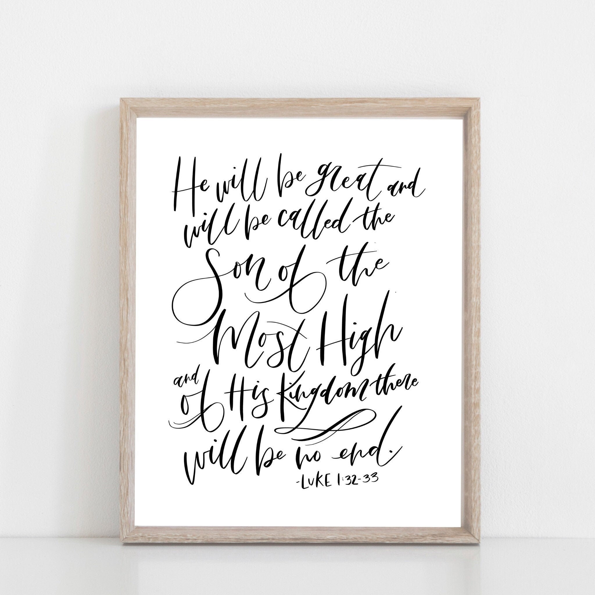 Christmas Digital Print  Scripture  Hand Lettered Bible Verse  He will be great  Luke 1:32 