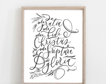 Hand Lettered Print The Five Solas | 5 Solas Sola Gratia Sola Fide Solus Christus Sola Scripture Soli Deo Gloria  | Free Shipping