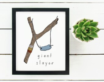 Digital Print Hand Drawn Slingshot Giant Slayer | Boy Room | Nursery Decor | David and Goliath | Christian Print